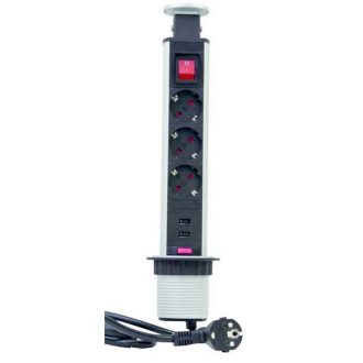   Energiaoszlop asztali, süllyeszthető 3 dugalj+USB kapcs, 3dugalj+USB , kapcsolóval 1,5m két USB csat