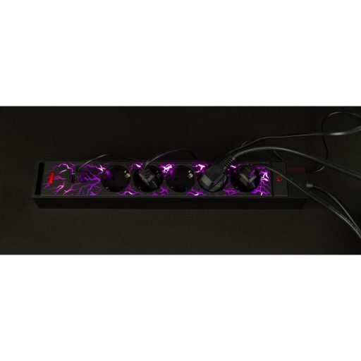 Asztali elosztó "GAMER" 5-ös, 3x1.5, 1.4m 2xUSB fekete, színes leddel