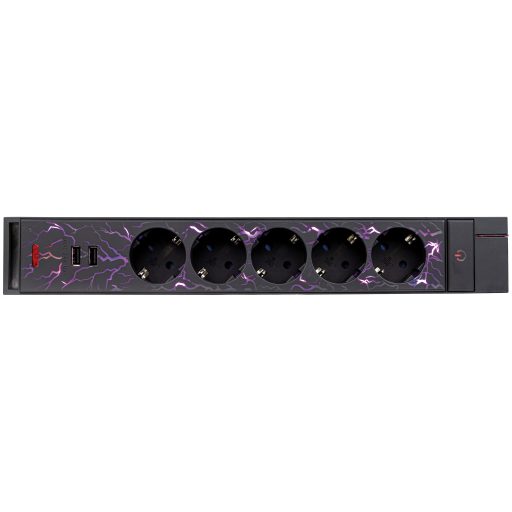 Asztali elosztó "GAMER" 5-ös, 3x1.5, 1.4m 2xUSB fekete, színes leddel