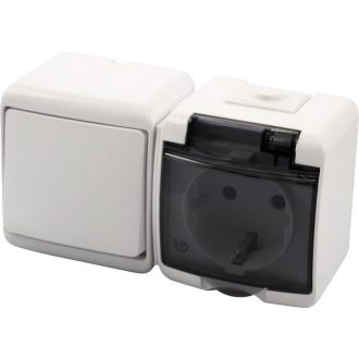   Aquastar Kapcsoló+dugalj, vízszintes, fehér IP44, komplett, falon kívüli, horizontális, 10A/16A, 250
