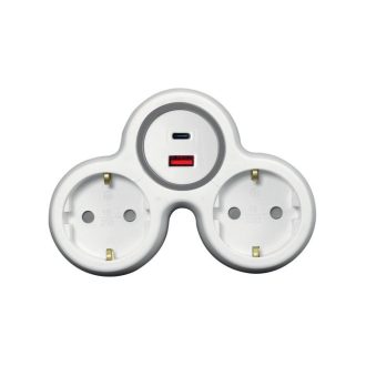   240802 2-es elosztó dugalj USB töltővel A+C fehér-szürke