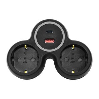 240803 2-es elosztó dugalj USB töltővel A+C fekete