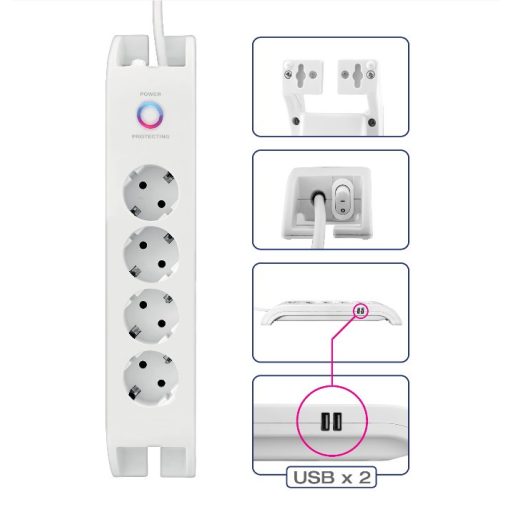 380108 Asztali elosztó 4-es+2xUSB-A, túlfesz.