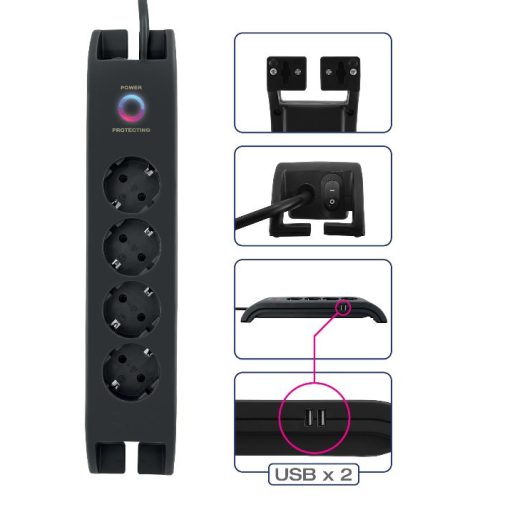 380109 Asztali elosztó 4-es+2xUSB-A, túlfesz.