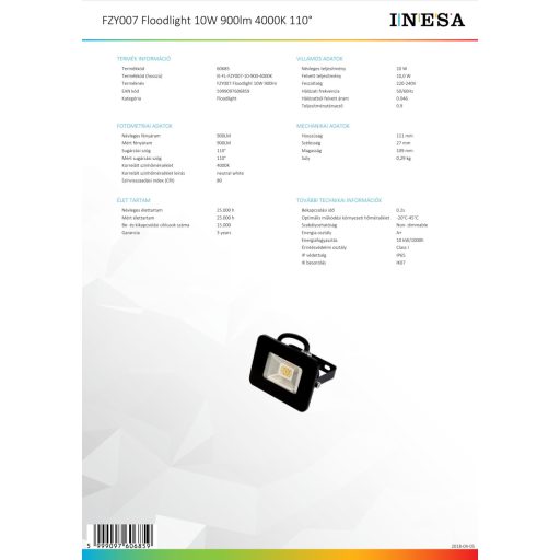 60685 INESA LED fényvető 10W 900lm 4000K IP65
