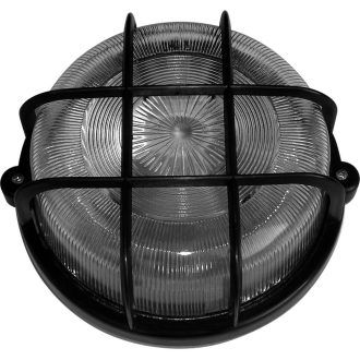   Hajólámpa, kerek, műanyagráccsal 100W, fekete, méretek: 200 x 105mm, műanyag védőráccsal, kristályb