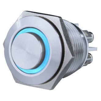   Csengő nyomógomb, beépíthető, fém, kék LED fénnyel 12V, 1.5A  18mm