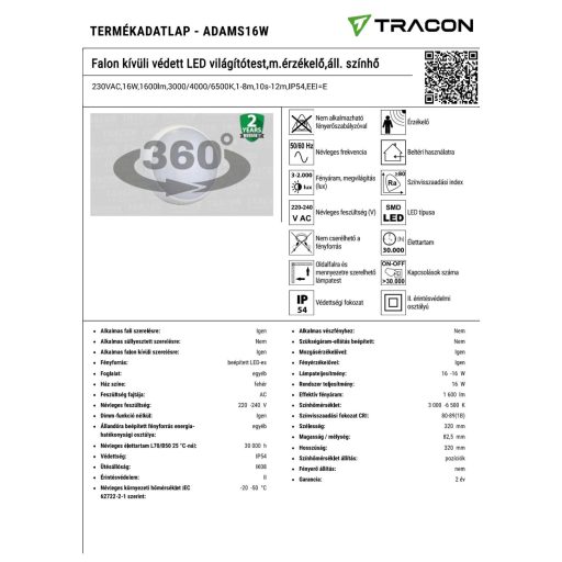ADAMS16W Falon kívüli védett LED világítótest,m.érzékelő,áll. színhő230VAC,16W,1600lm,3000/4000/6500