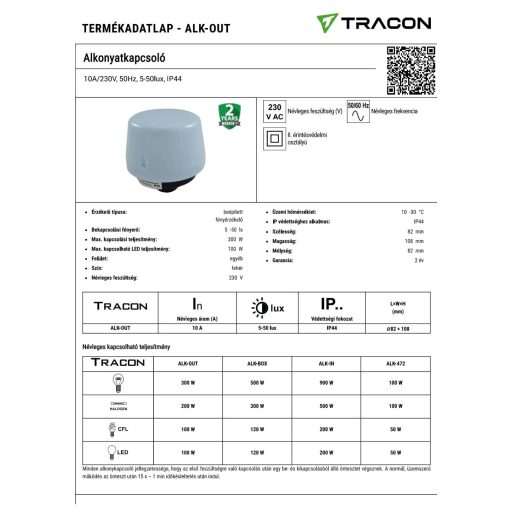 ALK-OUT Alkonyatkapcsoló10A/230V, 50Hz, 5-50lux, IP44