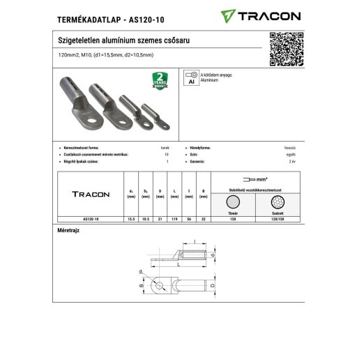 AS120-10 Szigeteletlen alumínium szemes csősaru120mm2, M10, (d1=15,5mm, d2=10,5mm)