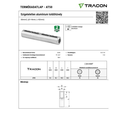 AT50 Szigeteletlen alumínium toldóhüvely50mm2, (d1=9mm, L=92mm)