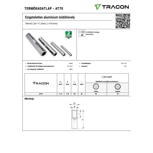 AT70 Szigeteletlen alumínium toldóhüvely70mm2, (d1=11,2mm, L=101mm)