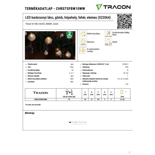 CHRSTSFBW10WW LED karácsonyi lánc, gömb, hópehely, fehér, elemes (X22064)Timer 6+18h,10LED, 3000K, 2