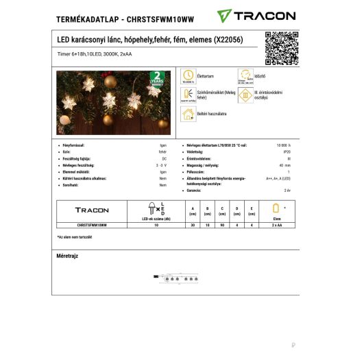 CHRSTSFWM10WW LED karácsonyi lánc, hópehely,fehér, fém, elemes (X22056)Timer 6+18h,10LED, 3000K, 2xA