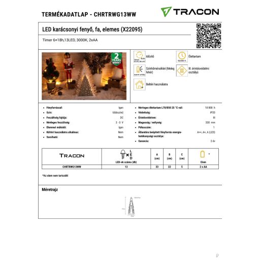 CHRTRWG13WW LED karácsonyi fenyő, fa, elemes (X22095)Timer 6+18h,13LED, 3000K, 2xAA