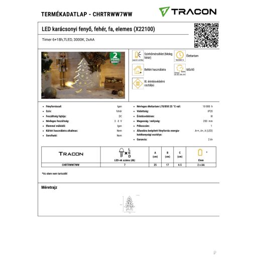 CHRTRWW7WW LED karácsonyi fenyő, fehér, fa, elemes (X22100)Timer 6+18h,7LED, 3000K, 2xAA