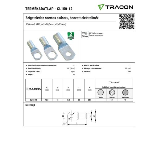 CL150-12 Szigeteletlen szemes csősaru, ónozott elektrolitréz150mm2, M12, (d1=16,5mm, d2=13mm)