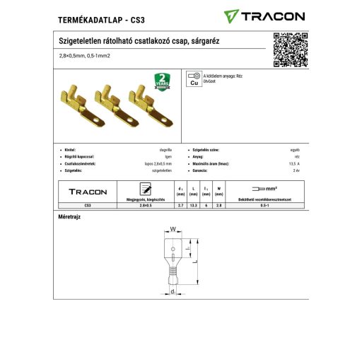 CS3 Szigeteletlen rátolható csatlakozó csap, sárgaréz2,8×0,5mm, 0,5-1mm2