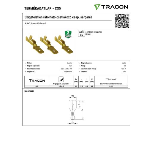 CS5 Szigeteletlen rátolható csatlakozó csap, sárgaréz4,8×0,5mm, 0,5-1mm2