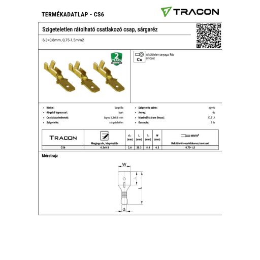 CS6 Szigeteletlen rátolható csatlakozó csap, sárgaréz6,3×0,8mm, 0,75-1,5mm2