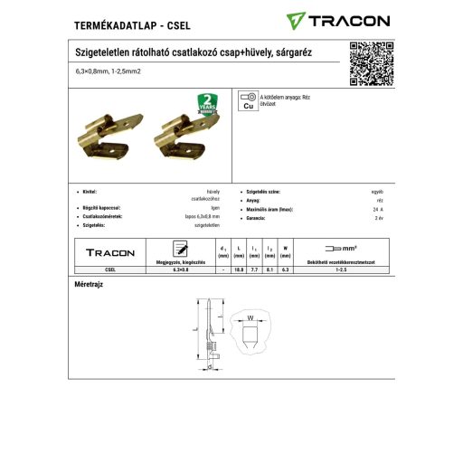 CSEL Szigeteletlen rátolható csatlakozó csap+hüvely, sárgaréz6,3×0,8mm, 1-2,5mm2