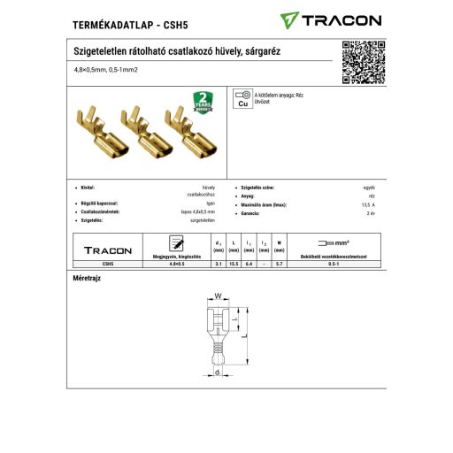 CSH5 Szigeteletlen rátolható csatlakozó hüvely, sárgaréz4,8×0,5mm, 0,5-1mm2