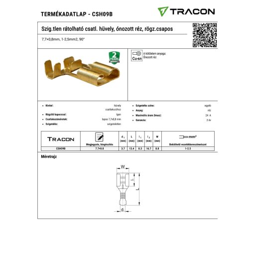 CSH6-B Szig.tlen rátolható csatl. hüvely, sárgaréz, rögz.csapos6,3×0,8mm, 1-2,5mm2