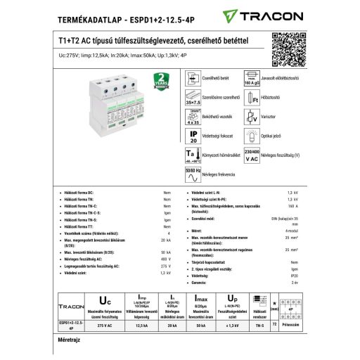 ESPD1+2-12.5-4P T1+T2 AC típusú túlfeszültséglevezető, cserélhető betéttel Uc:275V; Iimp:12,5kA; In:20kA; Imax:50kA; Up:1,3kV; 4P