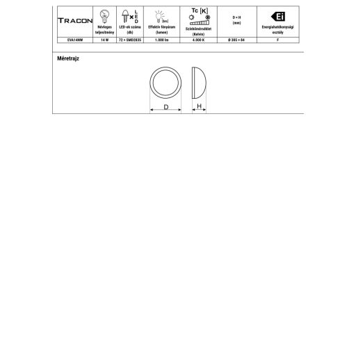 EVA14NW Műanyag burás falon kívüli LED világítótest100-240 V, 14 W, 1000 lm, 4000 K, IP54,D=305mm, E