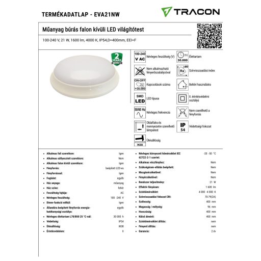 EVA21NW Műanyag búrás falon kívüli LED világítótest100-240 V, 21 W, 1600 lm, 4000 K, IP54,D=400mm, E