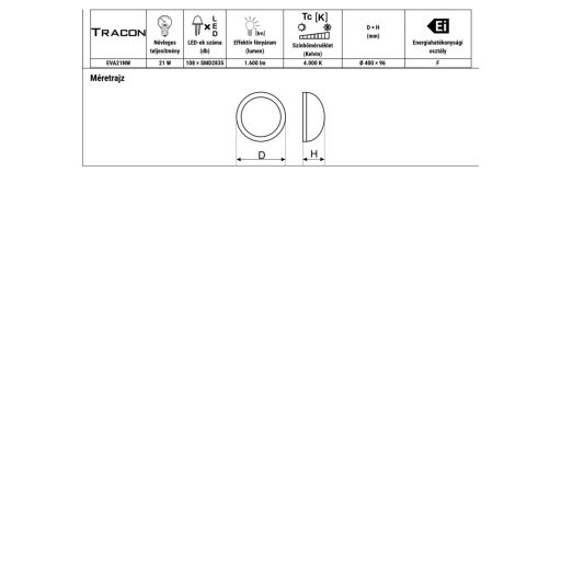EVA21NW Műanyag búrás falon kívüli LED világítótest100-240 V, 21 W, 1600 lm, 4000 K, IP54,D=400mm, E