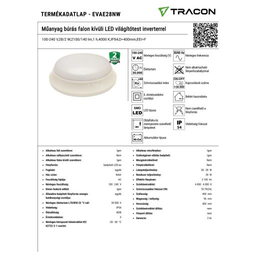 EVAE28NW Műanyag búrás falon kívüli LED világítótest inverterrel100-240 V,28/2 W,2100/140 lm,1 h,400