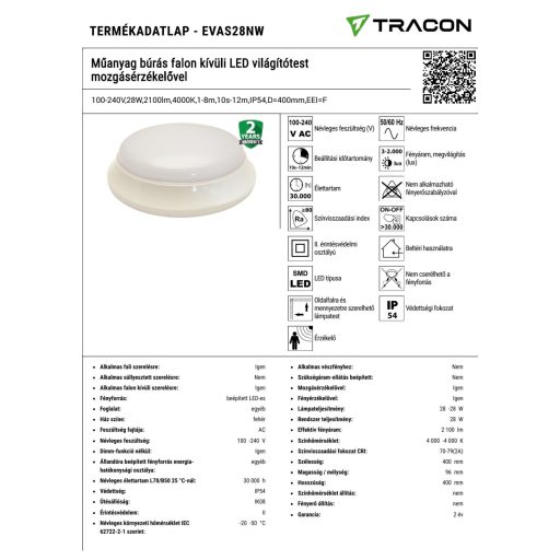EVAS28NW Műanyag búrás falon kívüli LED világítótest mozgásérzékelővel100-240V,28W,2100lm,4000K,1-8m
