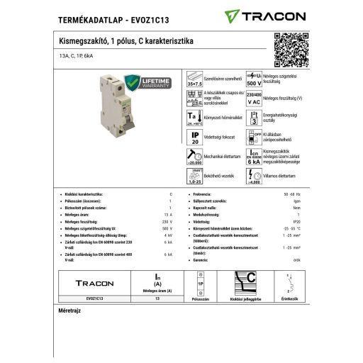 EVOZ1C13 Kismegszakító, 1 pólus, C karakterisztika13A, C, 1P, 6kA