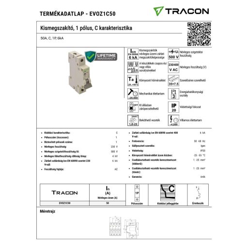 EVOZ1C50 Kismegszakító, 1 pólus, C karakterisztika 50A, C, 1P, 6kA
