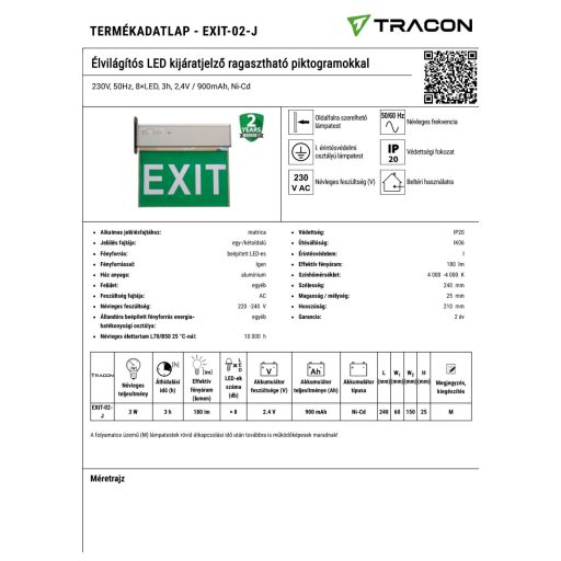 EXIT-02-J EXIT-02-J Élvilágítós LED kijáratjelző ragasztható piktogramokkal230V, 50Hz, 8×LED, 3h, 2,4V / 900mA