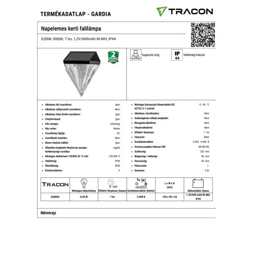 GARDIA GARDIA Napelemes kerti falilámpa0,05W, 3000K, 7 lm, 1,2V/600mAh NI-MH, IP44