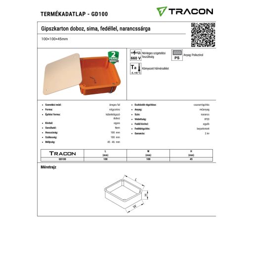 GD100 Gipszkarton doboz, sima, fedéllel, narancssárga100×100×45mm