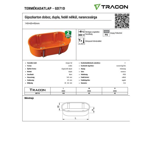 GD71D Gipszkarton doboz, dupla, fedél nélkül, narancssárga140×65×45mm