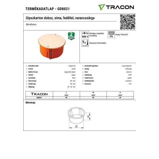 GD8021 Gipszkarton doboz, sima, fedéllel, narancssárga80×45mm