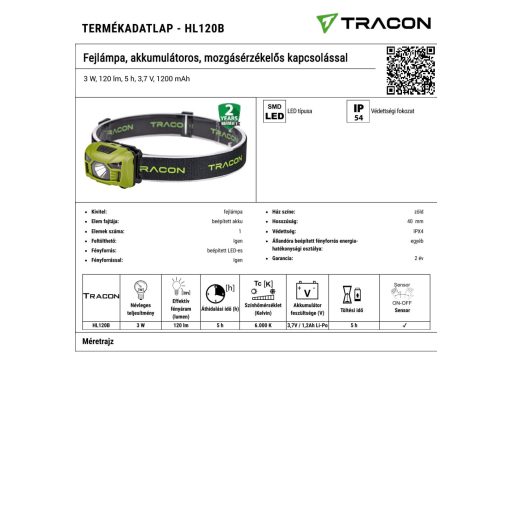 HL120B Fejlámpa, akkumulátoros, mozgásérzékelős kapcsolással3 W, 120 lm, 5 h, 3,7 V, 1200 mAh