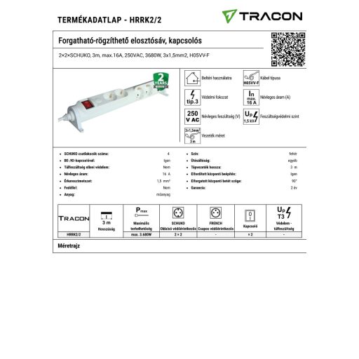 HRRK2/2 Forgatható-rögzíthető elosztósáv, kapcsolós2×2×SCHUKO, 3m, max.16A, 250VAC, 3680W, 3x1,5mm2,