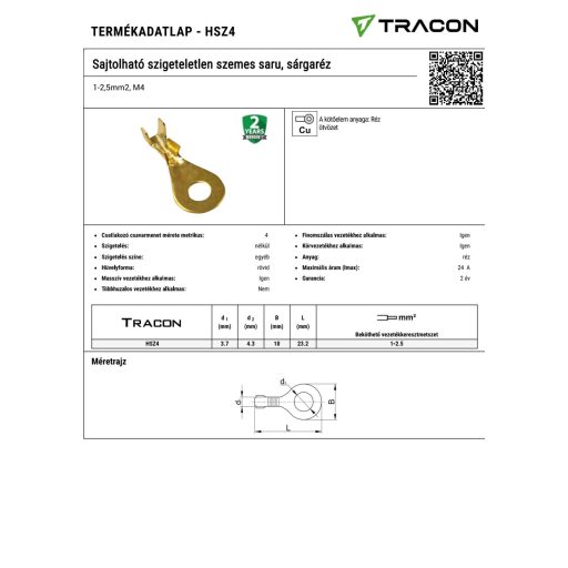 HSZ4 Sajtolható szigeteletlen szemes saru, sárgaréz1-2,5mm2, M4