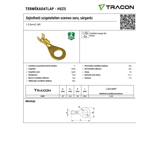 HSZ5 Sajtolható szigeteletlen szemes saru, sárgaréz1-2,5mm2, M5