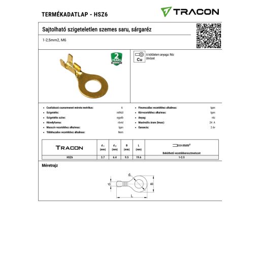 HSZ6 Sajtolható szigeteletlen szemes saru, sárgaréz1-2,5mm2, M6