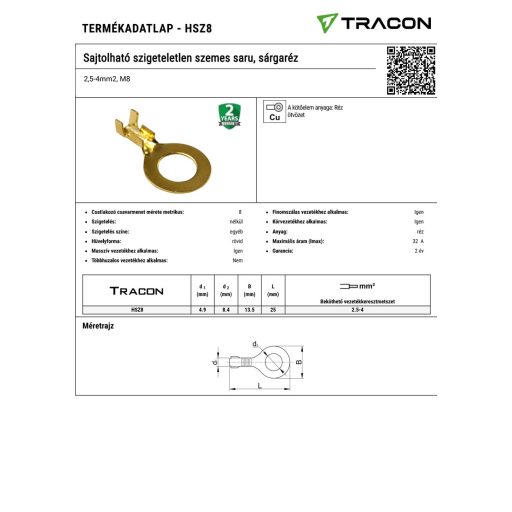 HSZ8 Sajtolható szigeteletlen szemes saru, sárgaréz2,5-4mm2, M8
