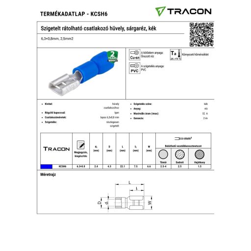 KCSH6 Szigetelt rátolható csatlakozó hüvely, sárgaréz, kék6,3×0,8mm, 2,5mm2