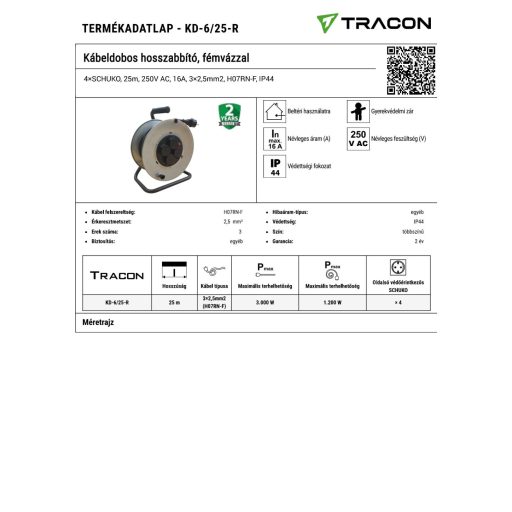 KD-6/25-R Kábeldobos hosszabbító, fémvázzal4×SCHUKO, 25m, 250V AC, 16A, 3×2,5mm2, H07RN-F, IP44