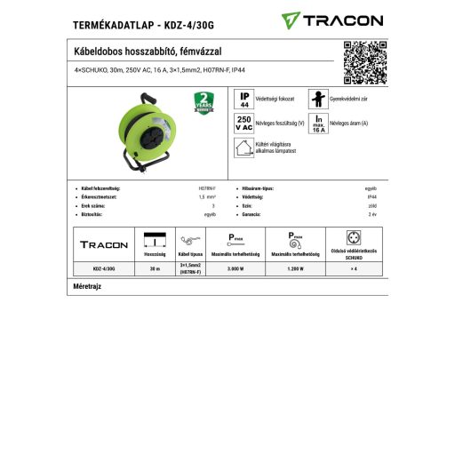 KDZ-4/30G Kábeldobos hosszabbító, fémvázzal4×SCHUKO, 30m, 250V AC, 16 A, 3×1,5mm2, H07RN-F, IP44