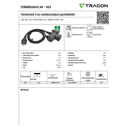 KE3 Hordozható 3-as csatlakozóaljzat gumikábellel250 VAC, 16 A, 3XSCHUKO, max. 3680 W, IP44, 1,5m